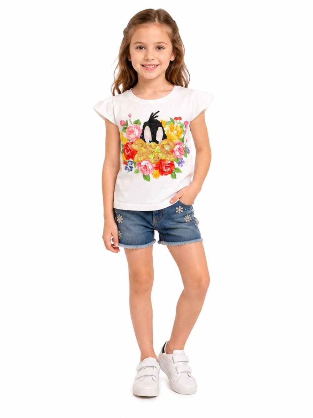 Monnalisa Girls White Floral Sequin T-Shirt Size 6Y - Picture 1 of 4